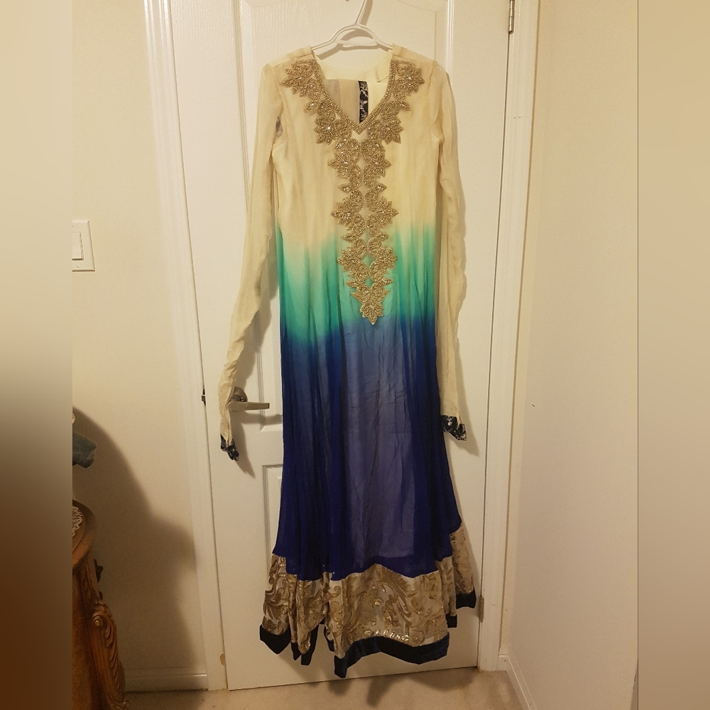 Cream,Teal, And Navy Long Sleeve Wedding Modest Kaftan Gown With Wrap And Pants
